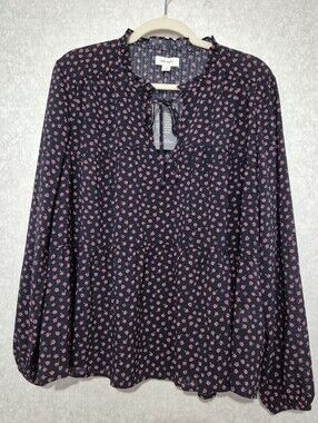 NWT ON 34th Navy Blouse with Pink Floral Tie-Neck..Size:L